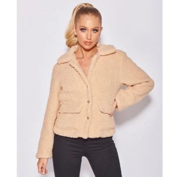 Camel Long Sleeve Collared Teddy Bear Fur Trucker Jacket - Picture 6 of 14